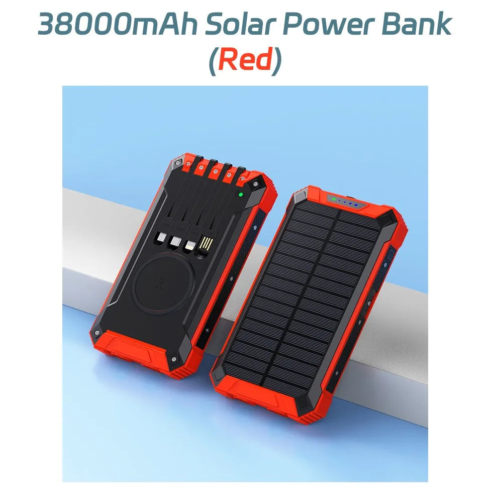 38,000mAh Solar Power Bank with Built-In Cables — Wireless Charging & LED Flashlight