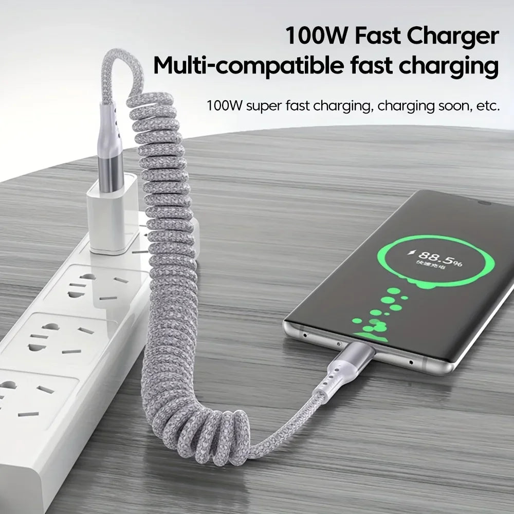 Coiled Car Charging Cable — 100W USB-C, Stretches 0.25m to 1.5m