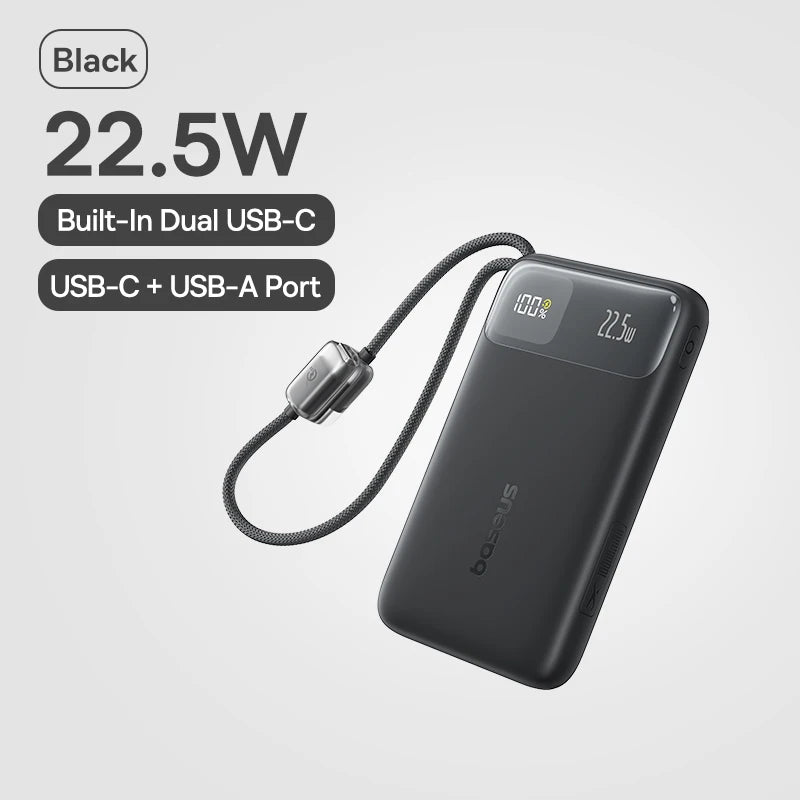 Baseus 10,000mAh Power Bank — 22.5W Fast Charging with Dual Built-In USB-C Cables