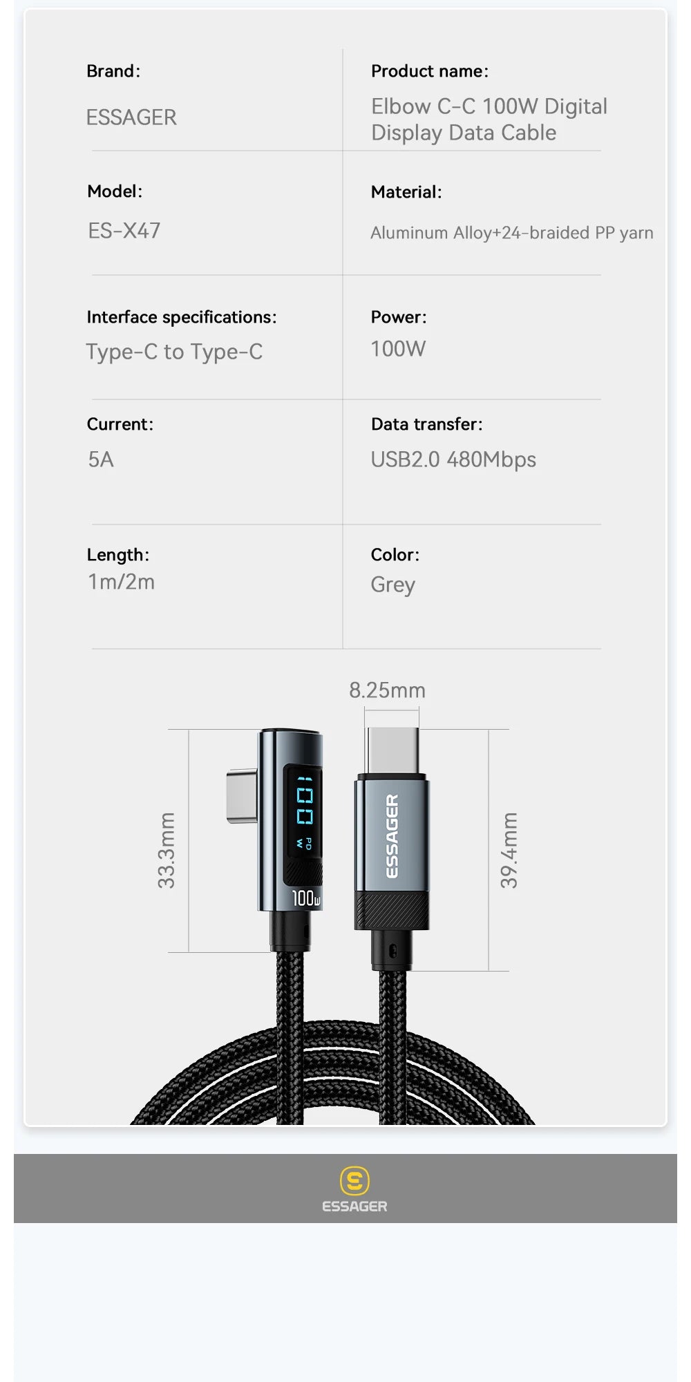 Essager 100W USB-C Cable — Right Angle with Power Display & E-Marker Chip