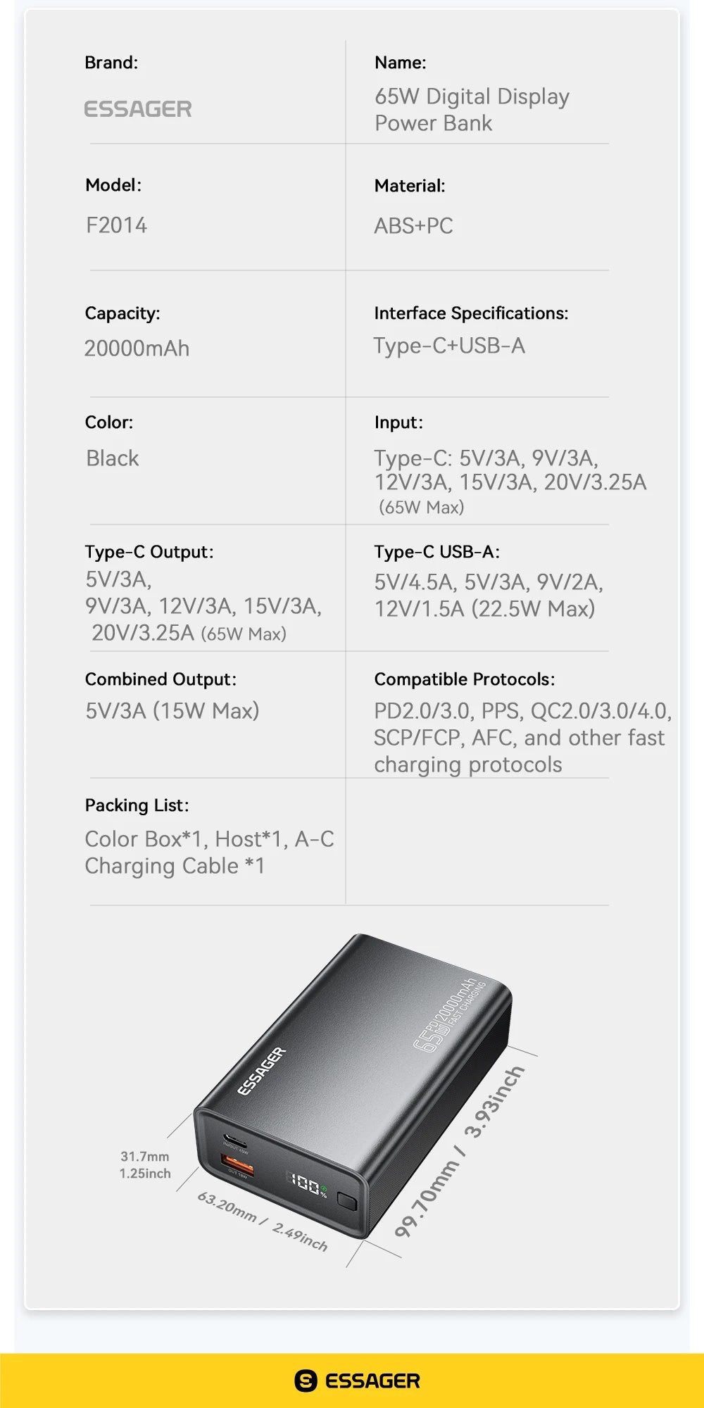 Essager 20,000mAh Power Bank — 65W PD Fast Charging for Laptops & Phones