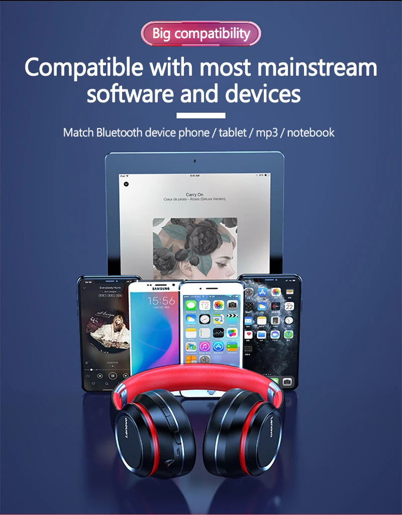 Lenovo HD200 Wireless Headphones — Over-Ear Bluetooth with Wired Mode & Folding Design