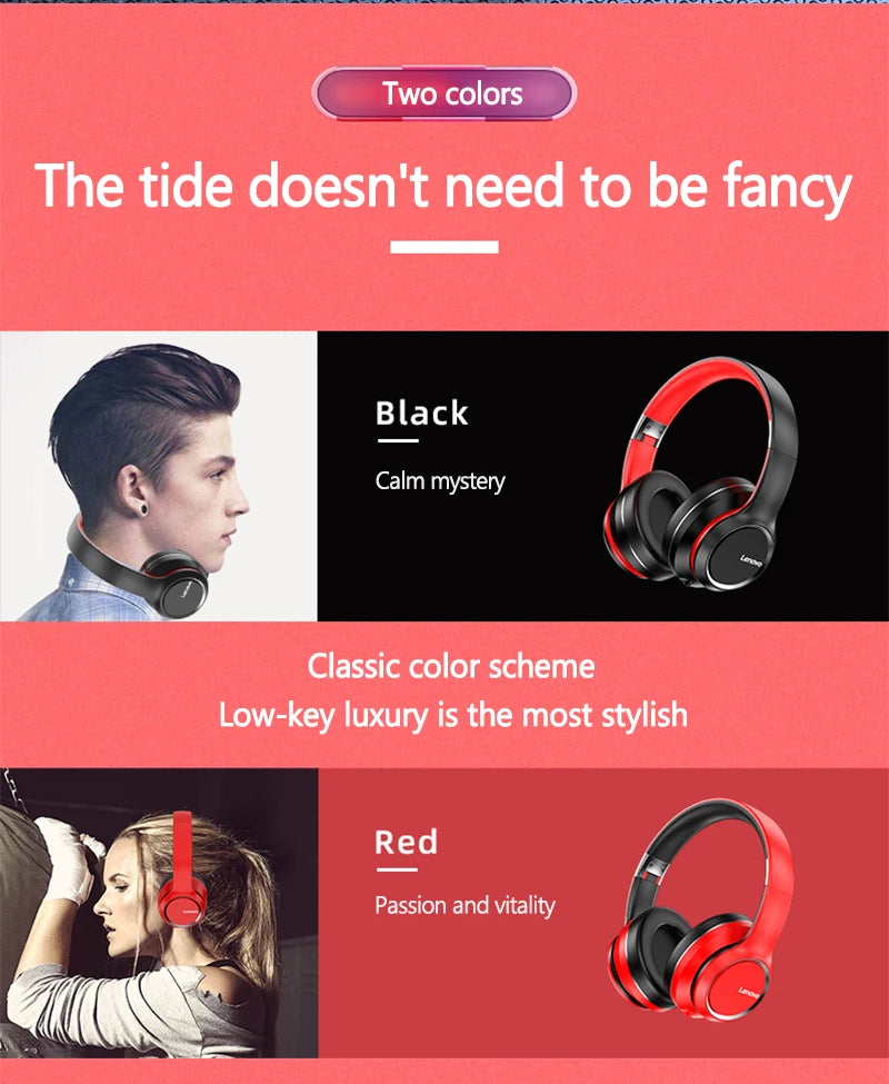 Lenovo HD200 Wireless Headphones — Over-Ear Bluetooth with Wired Mode & Folding Design