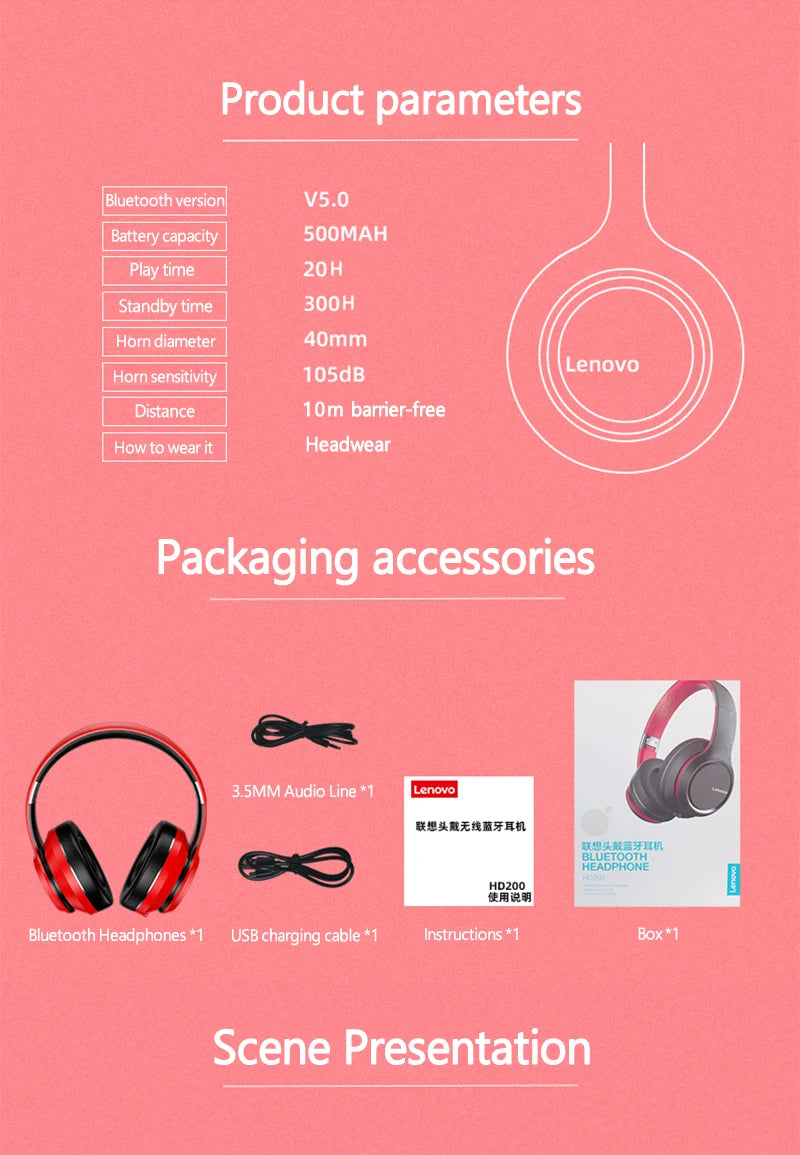 Lenovo HD200 Wireless Headphones — Over-Ear Bluetooth with Wired Mode & Folding Design