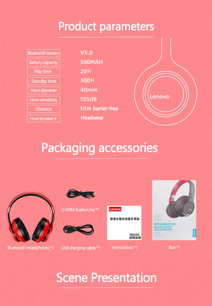Lenovo HD200 Wireless Headphones — Over-Ear Bluetooth with Wired Mode & Folding Design
