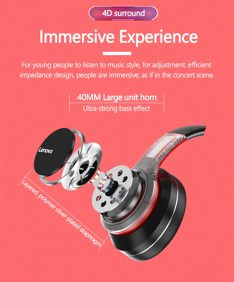 Lenovo HD200 Wireless Headphones — Over-Ear Bluetooth with Wired Mode & Folding Design