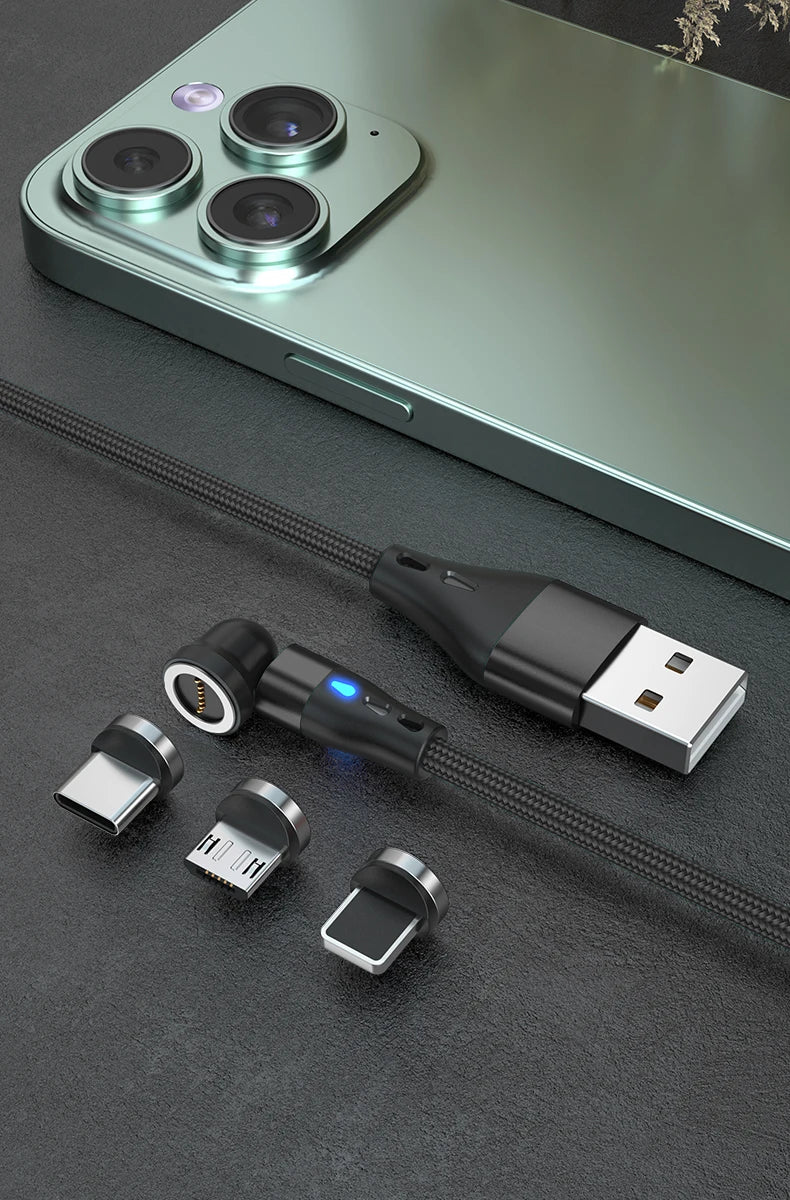 Magnetic Charging Cable — 540° Rotating 5A Fast Charge with USB-C, Lightning & Micro USB Tips