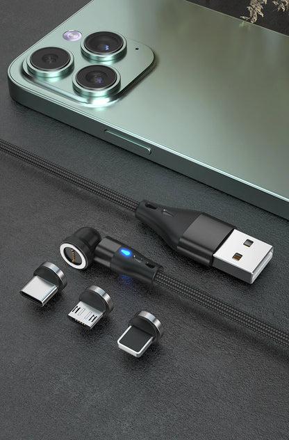Magnetic Charging Cable — 540° Rotating 5A Fast Charge with USB-C, Lightning & Micro USB Tips