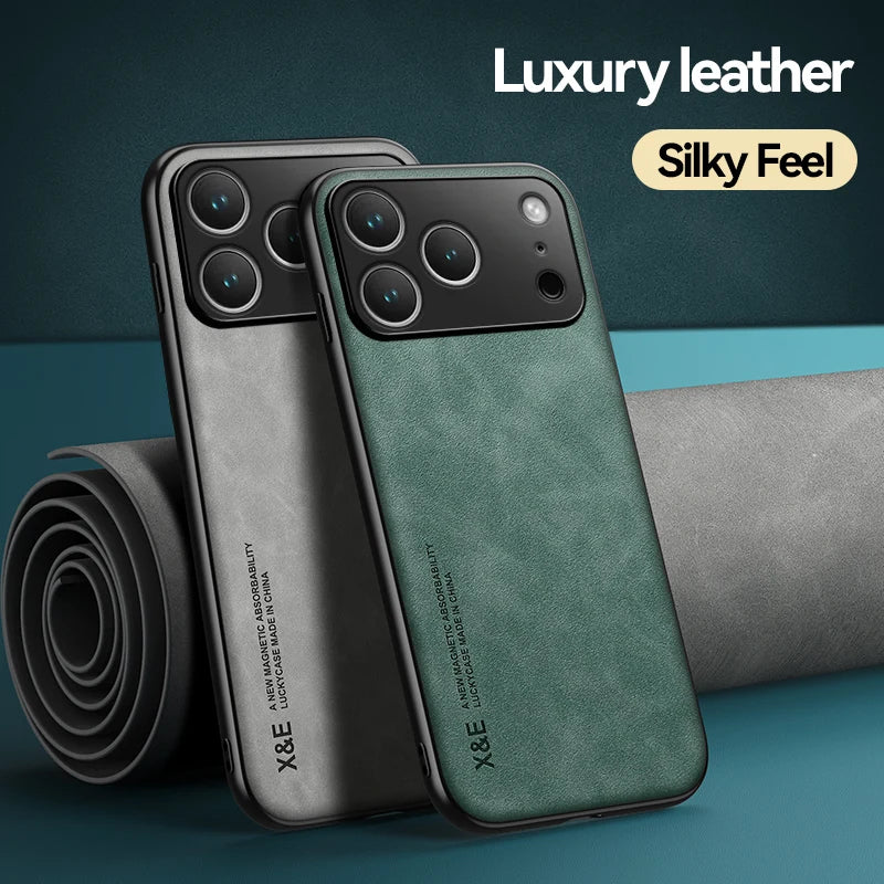 Luxury Leather iPhone Case — Magnetic with Metal Plate & Car Mount Support