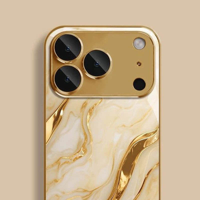 Gold Marble Tempered Glass iPhone Case — Luxury Metallic Cover
