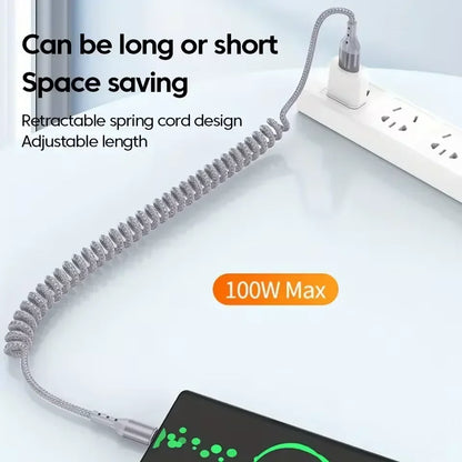 Coiled Car Charging Cable — 100W USB-C, Stretches 0.25m to 1.5m