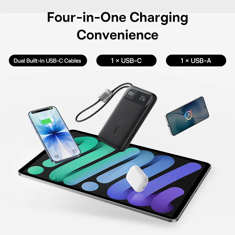 Baseus 10,000mAh Power Bank — 22.5W Fast Charging with Dual Built-In USB-C Cables