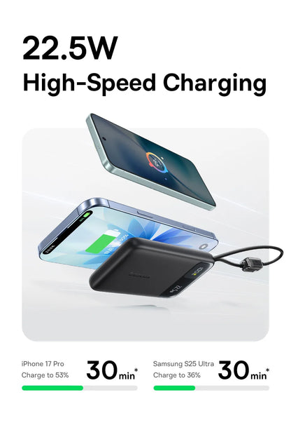 Baseus 10,000mAh Power Bank — 22.5W Fast Charging with Dual Built-In USB-C Cables