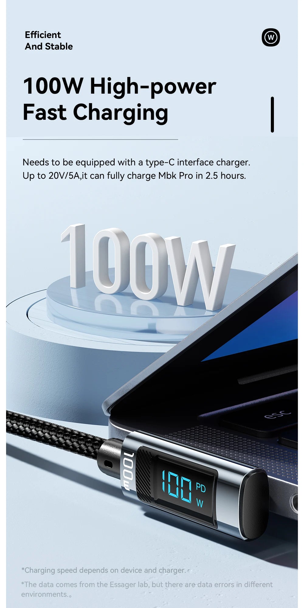 Essager 100W USB-C Cable — Right Angle with Power Display & E-Marker Chip