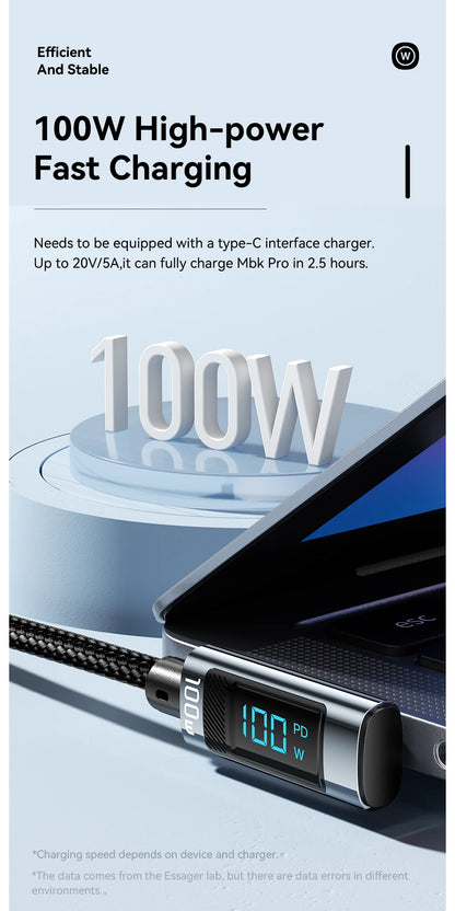 Essager 100W USB-C Cable — Right Angle with Power Display & E-Marker Chip