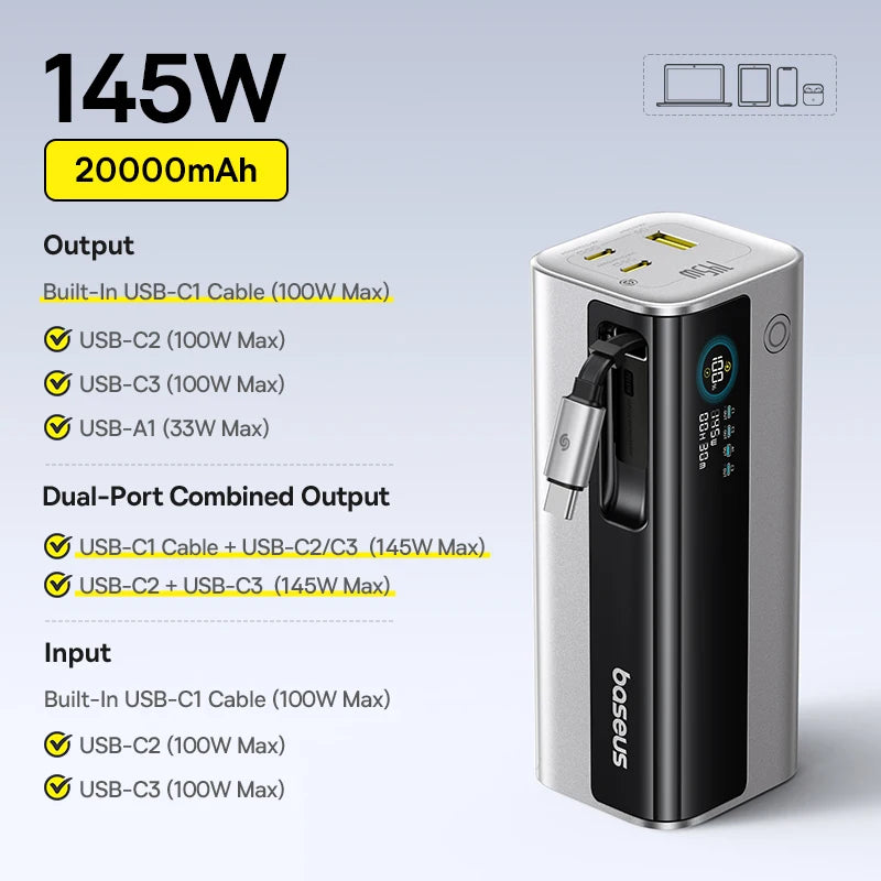 Baseus 20,800mAh Laptop Power Bank — 145W Total Output with 100W USB-C PD Fast Charging