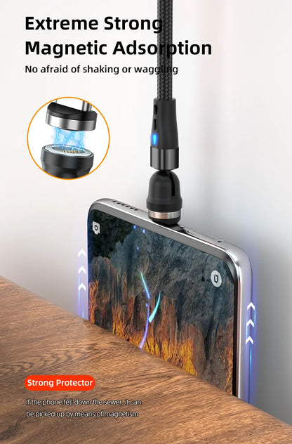 Magnetic Charging Cable — 540° Rotating 5A Fast Charge with USB-C, Lightning & Micro USB Tips