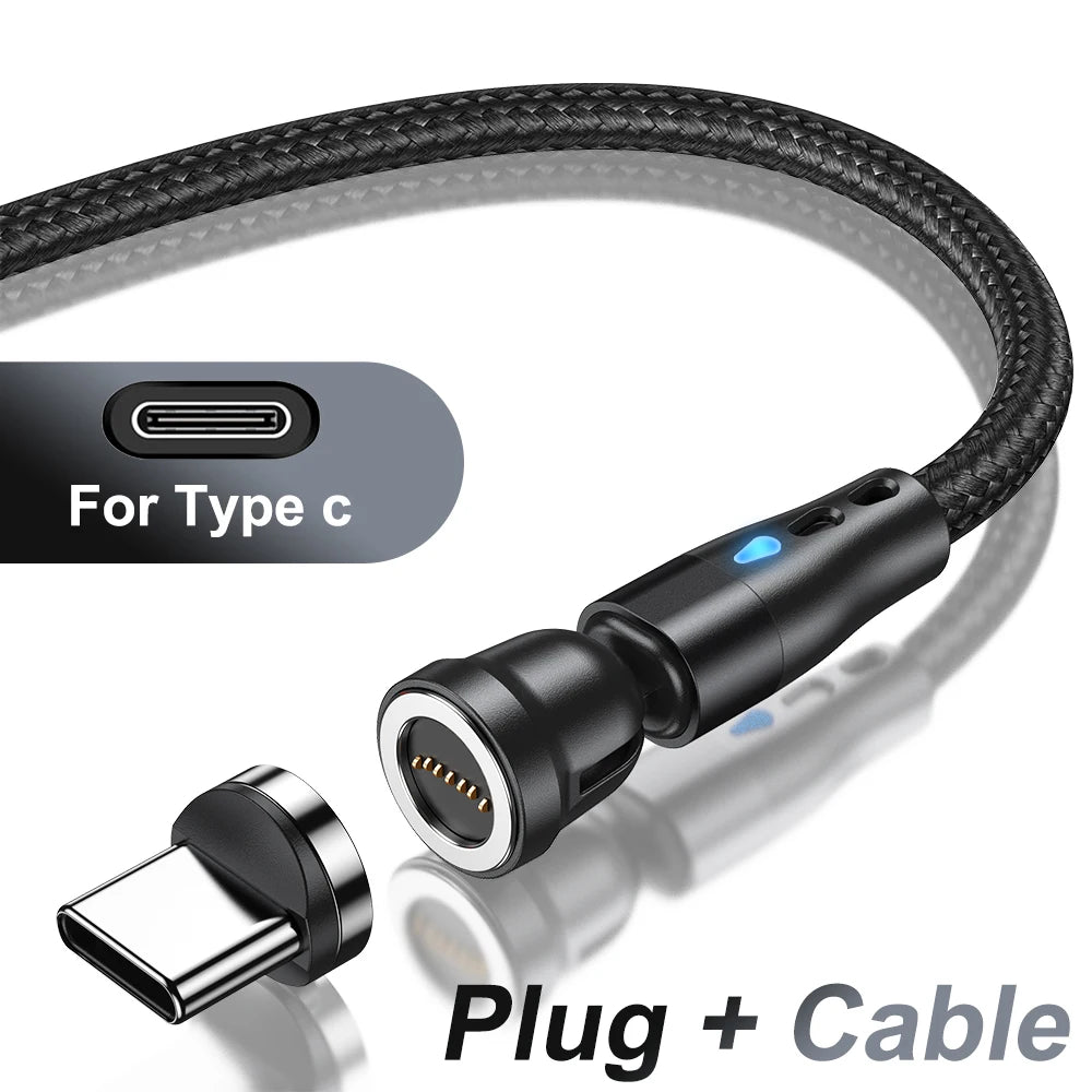 Magnetic Charging Cable — 540° Rotating 5A Fast Charge with USB-C, Lightning & Micro USB Tips