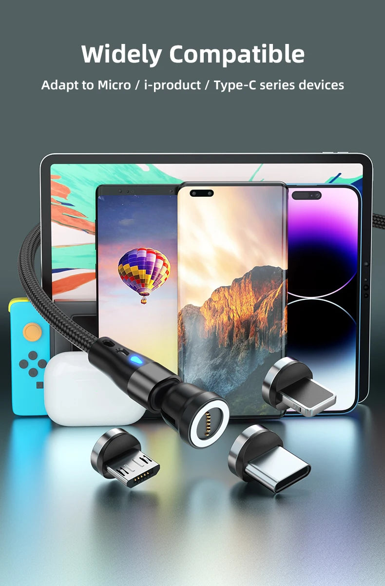 Magnetic Charging Cable — 540° Rotating 5A Fast Charge with USB-C, Lightning & Micro USB Tips