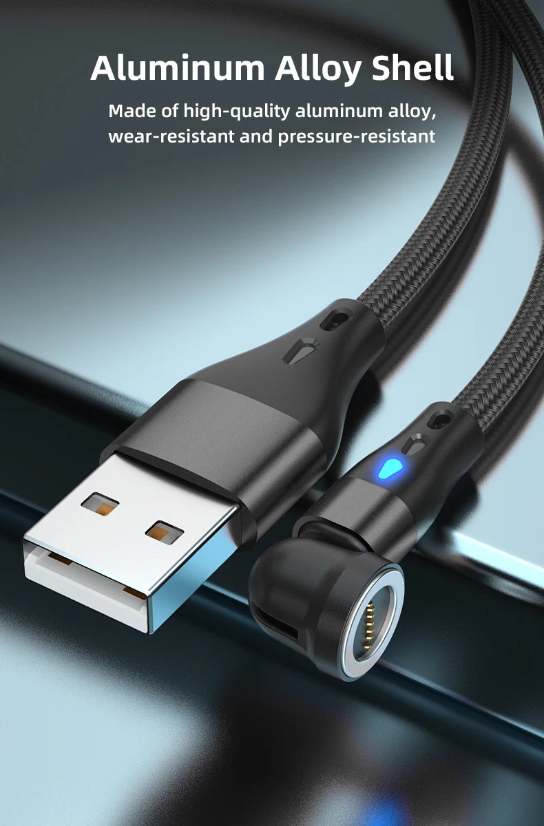 Magnetic Charging Cable — 540° Rotating 5A Fast Charge with USB-C, Lightning & Micro USB Tips