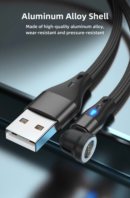 Magnetic Charging Cable — 540° Rotating 5A Fast Charge with USB-C, Lightning & Micro USB Tips