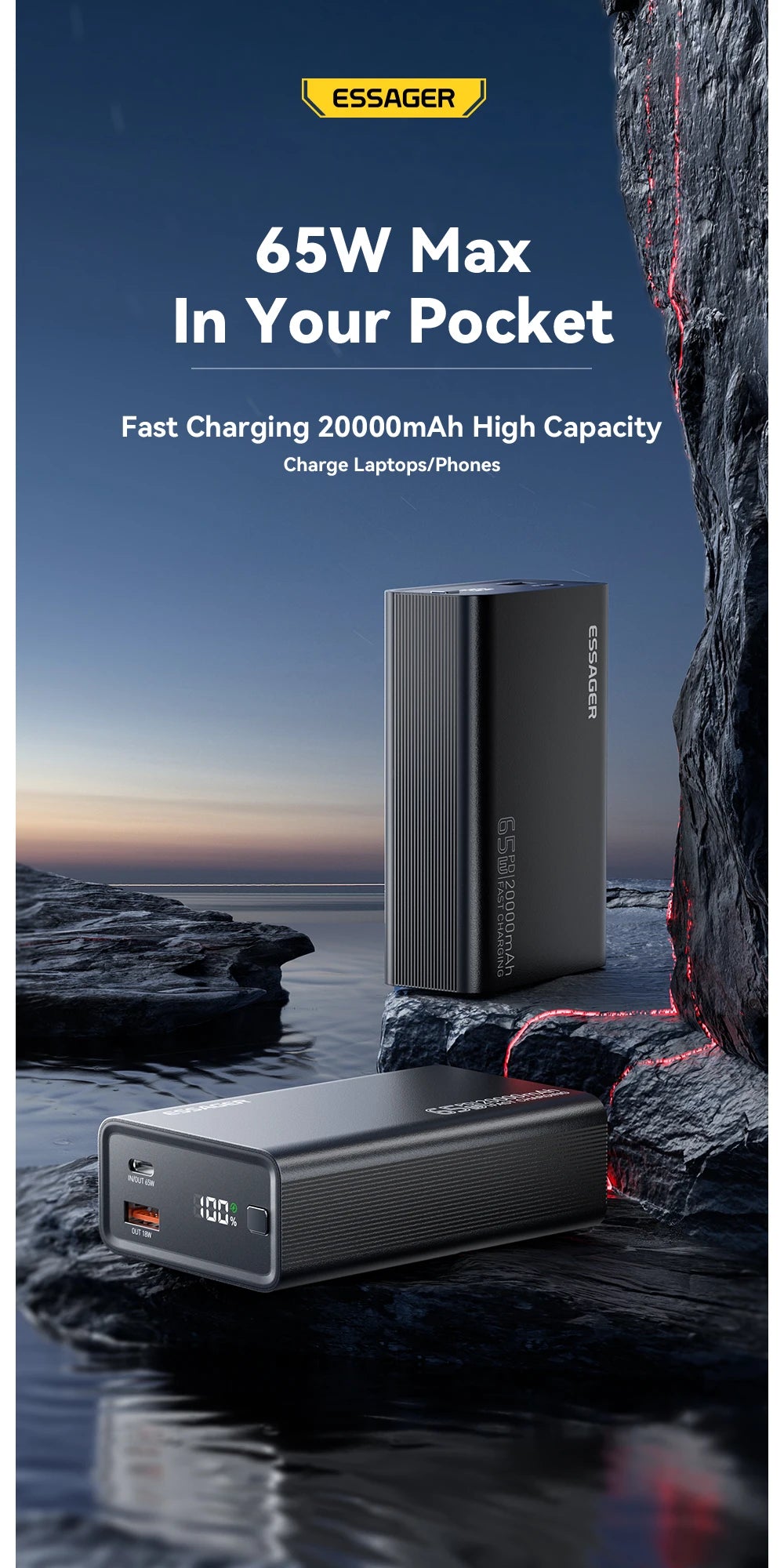 Essager 20,000mAh Power Bank — 65W PD Fast Charging for Laptops & Phones