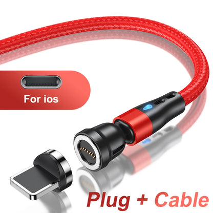 Magnetic Charging Cable — 540° Rotating 5A Fast Charge with USB-C, Lightning & Micro USB Tips