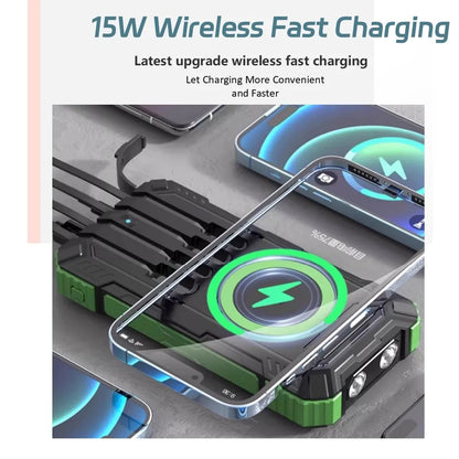 38,000mAh Solar Power Bank with Built-In Cables — Wireless Charging & LED Flashlight