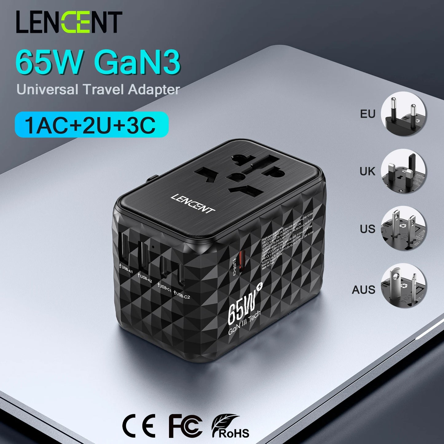 LENCENT Universal Travel Adapter — All-in-One EU, UK, US & AUS Plug with USB