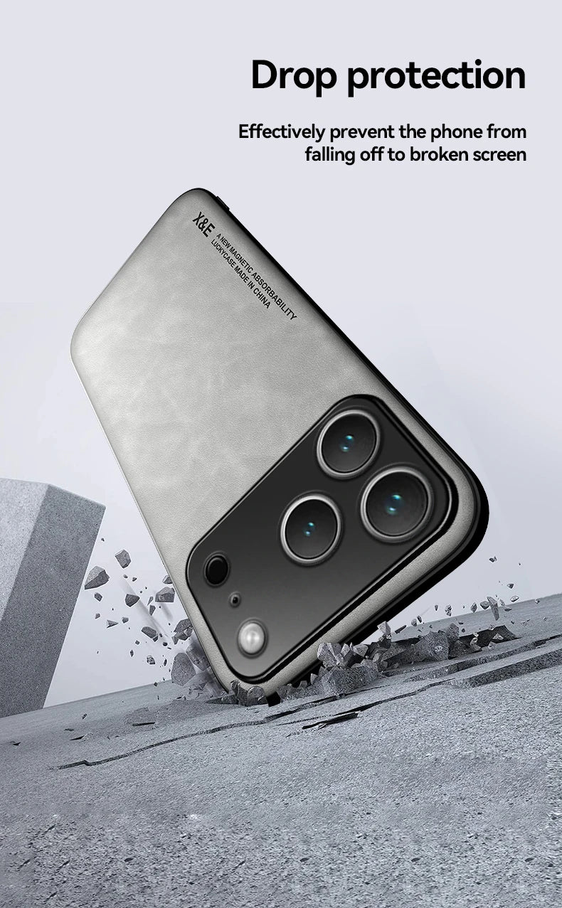 Luxury Leather iPhone Case — Magnetic with Metal Plate & Car Mount Support