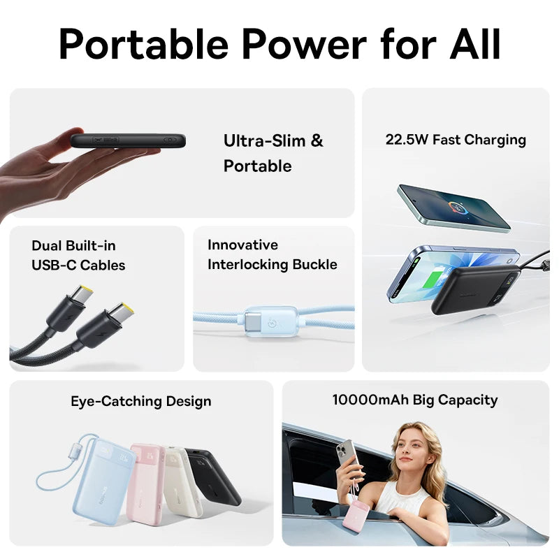 Baseus 10,000mAh Power Bank — 22.5W Fast Charging with Dual Built-In USB-C Cables