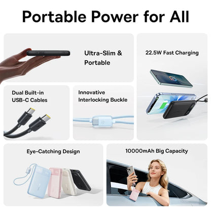 Baseus 10,000mAh Power Bank — 22.5W Fast Charging with Dual Built-In USB-C Cables