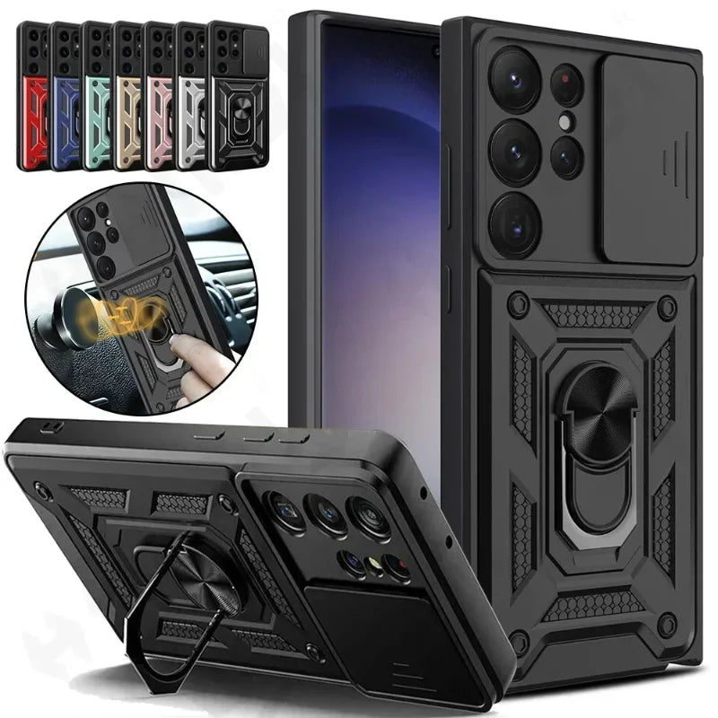 Armor Rotate Ring Stand Samsung Galaxy Case — Slide Lens Cover & Car Mount