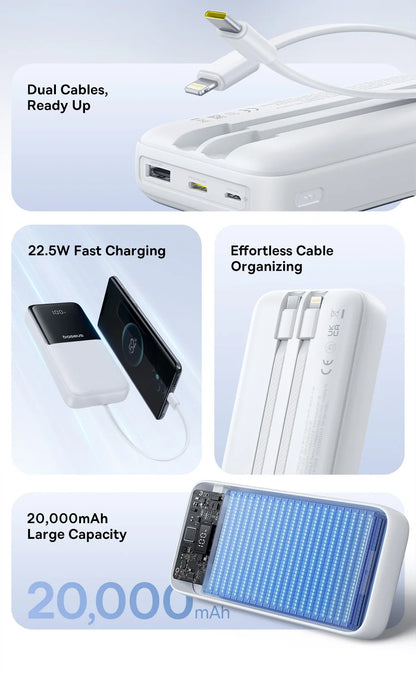 Baseus 20,000mAh Power Bank — 22.5W Fast Charging with Built-In Cables & LCD Display