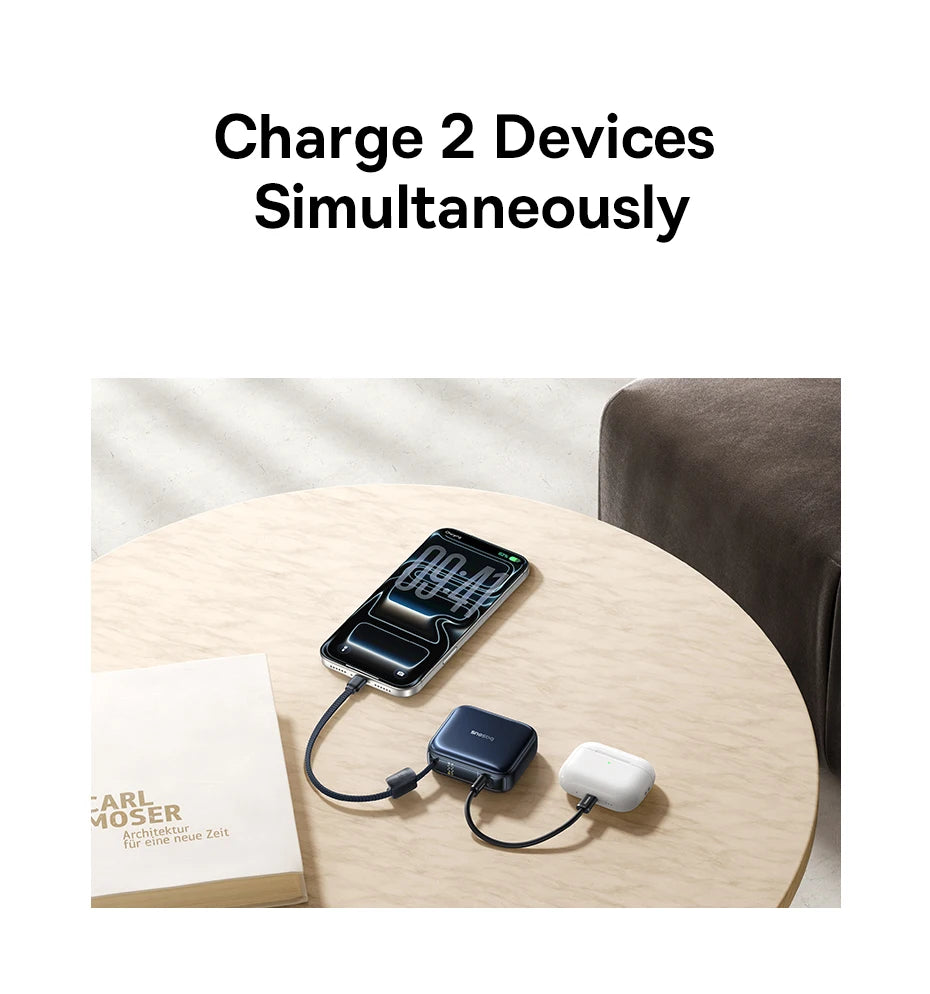 Baseus 10,000mAh Mini Power Bank — 45W Fast Charging with Built-In USB-C Cable