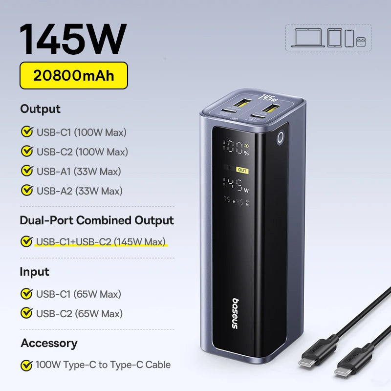 Baseus 20,800mAh Laptop Power Bank — 145W Total Output with 100W USB-C PD Fast Charging