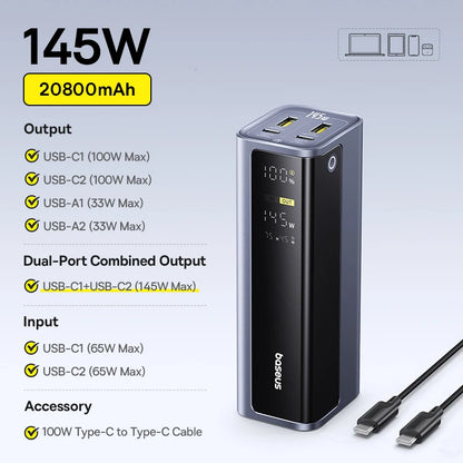 Baseus 20,800mAh Laptop Power Bank — 145W Total Output with 100W USB-C PD Fast Charging