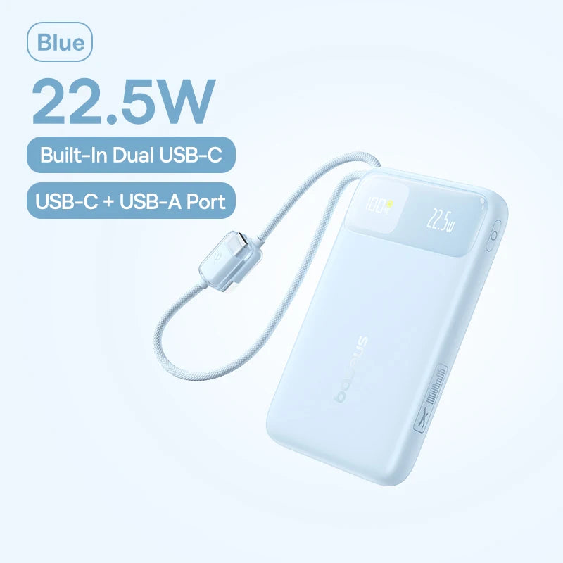 Baseus 10,000mAh Power Bank — 22.5W Fast Charging with Dual Built-In USB-C Cables