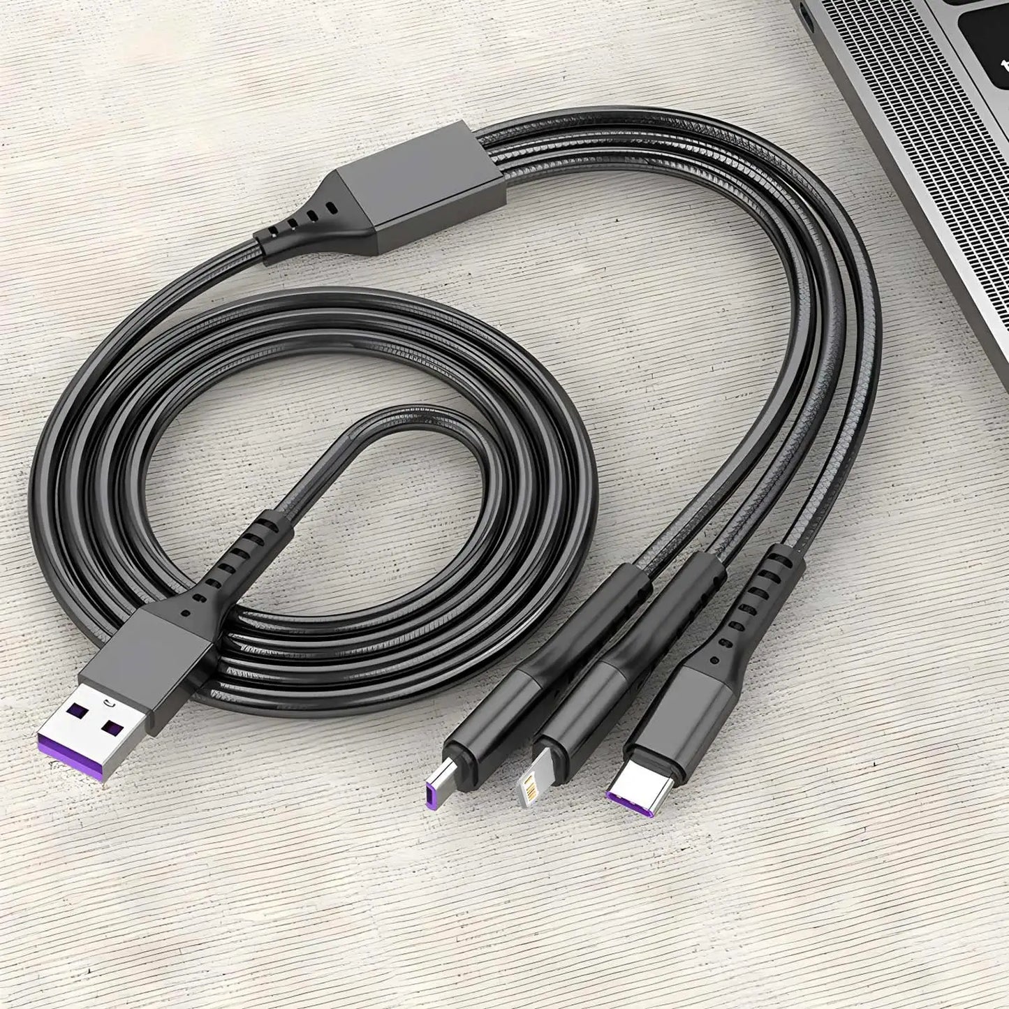 3-in-1 Charging Cable — 5A Fast Charge USB-C, Lightning & Micro USB