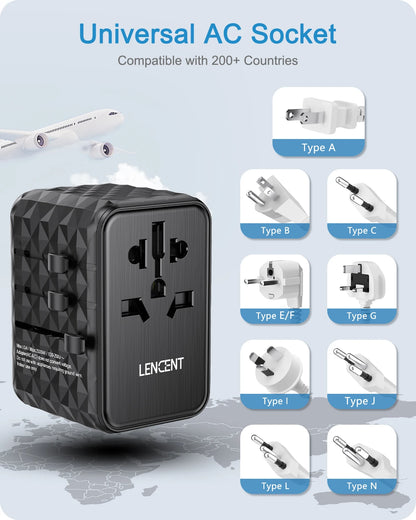 LENCENT Universal Travel Adapter — All-in-One EU, UK, US & AUS Plug with USB