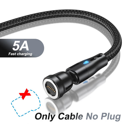Magnetic Charging Cable — 540° Rotating 5A Fast Charge with USB-C, Lightning & Micro USB Tips