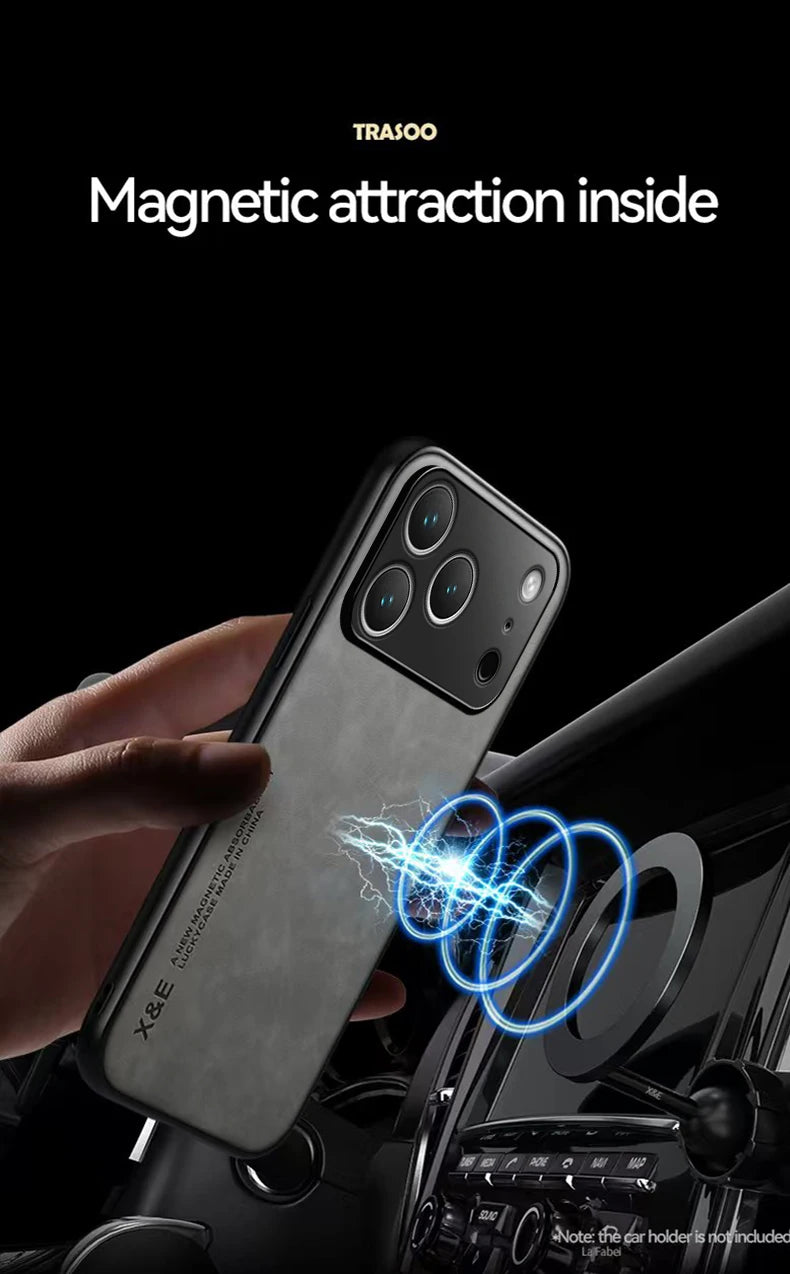 Luxury Leather iPhone Case — Magnetic with Metal Plate & Car Mount Support