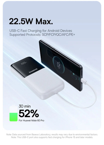 Baseus 20,000mAh Power Bank — 22.5W Fast Charging with Built-In Cables & LCD Display