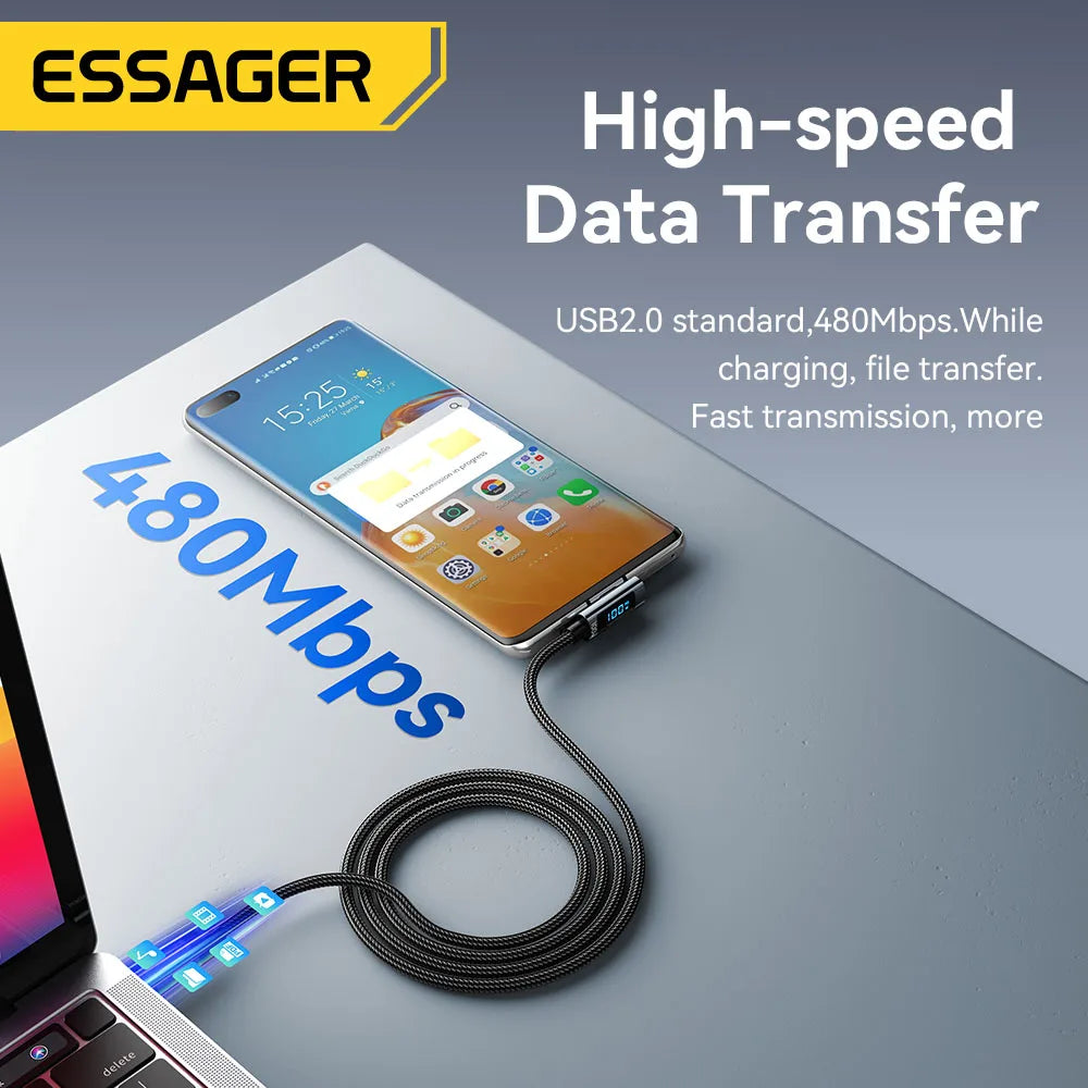 Essager 100W USB-C Cable — Right Angle with Power Display & E-Marker Chip