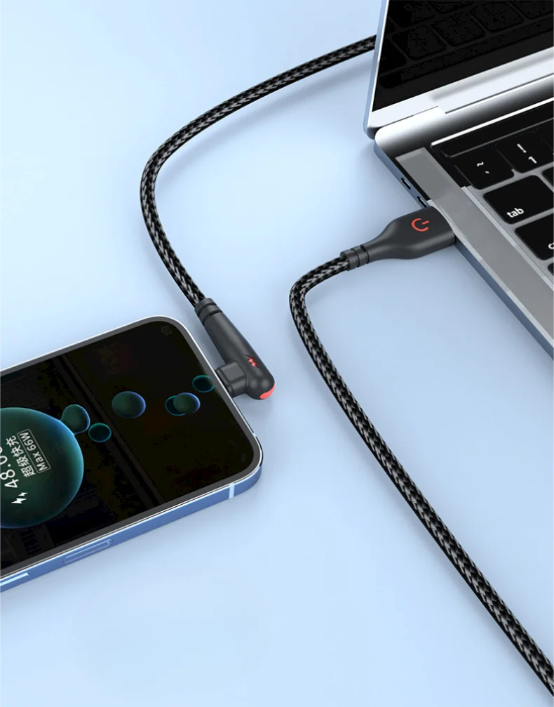 90° Right Angle USB-C Cable — 6A Fast Charging, Braided for Gaming