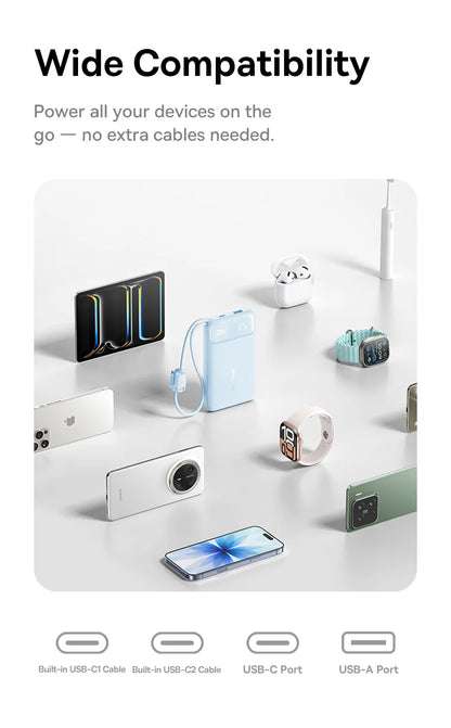 Baseus 10,000mAh Power Bank — 22.5W Fast Charging with Dual Built-In USB-C Cables