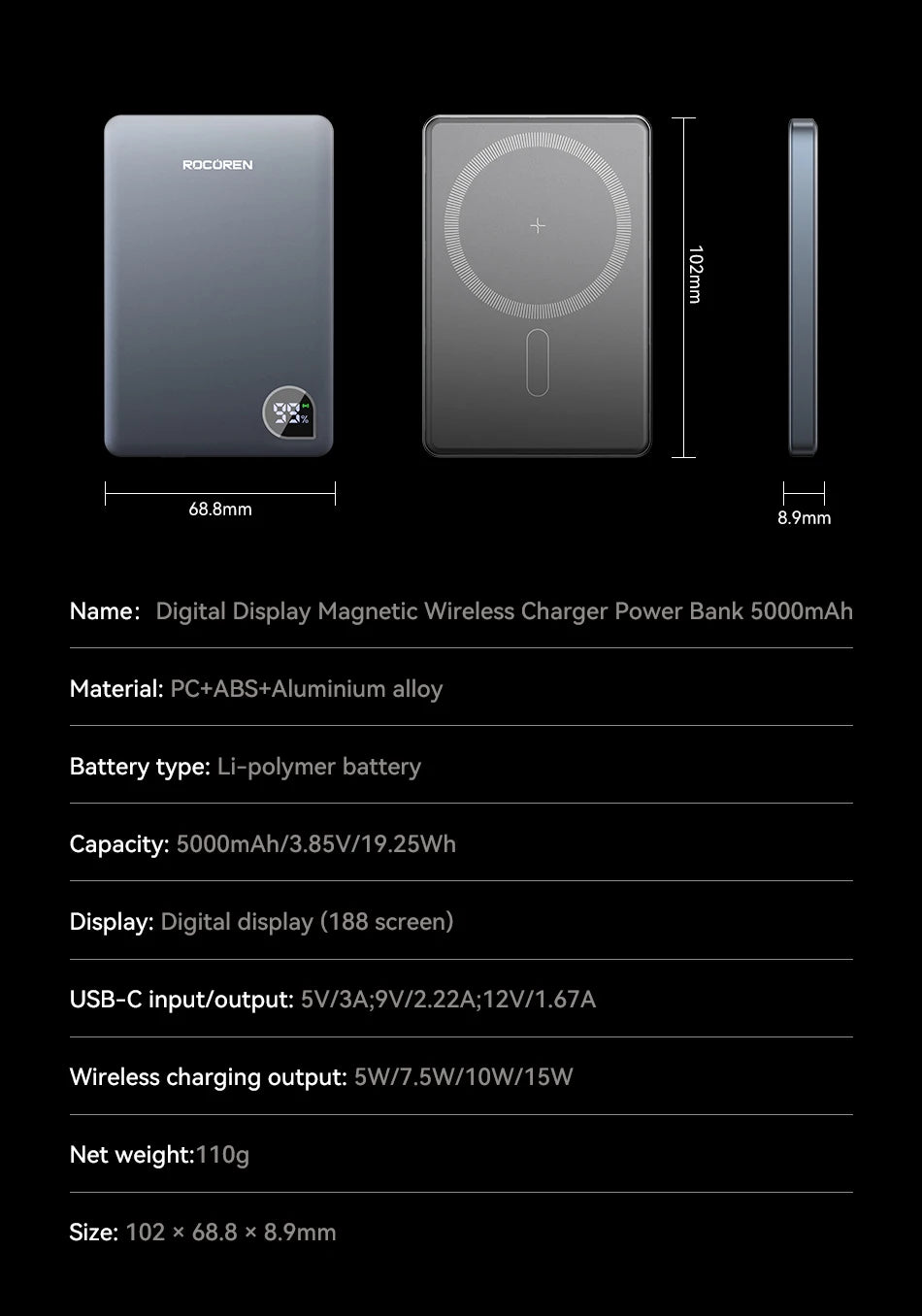 Rocoren Slim Magnetic Power Bank — 20W MagSafe Wireless Charger, 5,000 or 10,000mAh