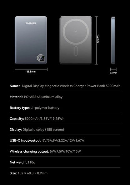 Rocoren Slim Magnetic Power Bank — 20W MagSafe Wireless Charger, 5,000 or 10,000mAh