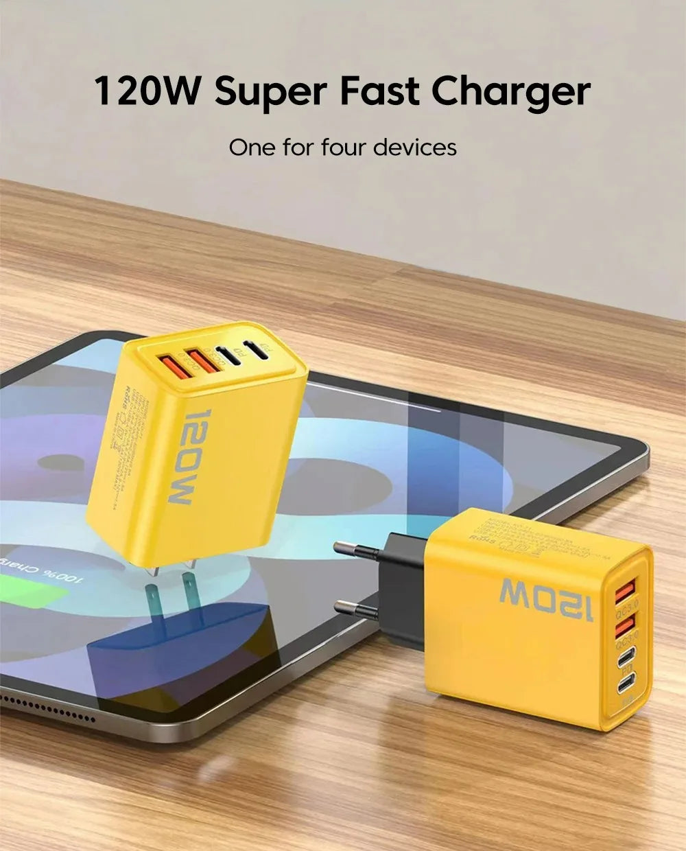 120W 4-Port USB-C Charger — PD & Quick Charge Fast Wall Adapter