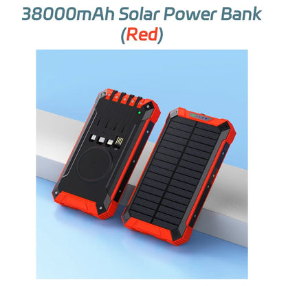 38,000mAh Solar Power Bank with Built-In Cables — Wireless Charging & LED Flashlight